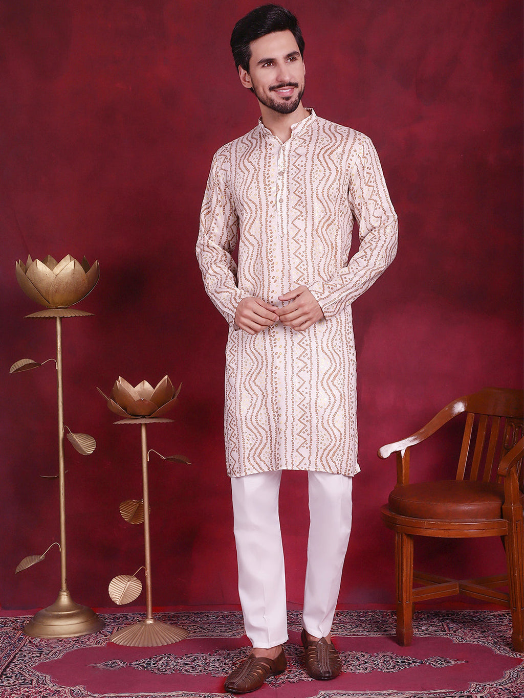 Jompers Men's Bandhani Printed Kurta with Pyjama - Cream