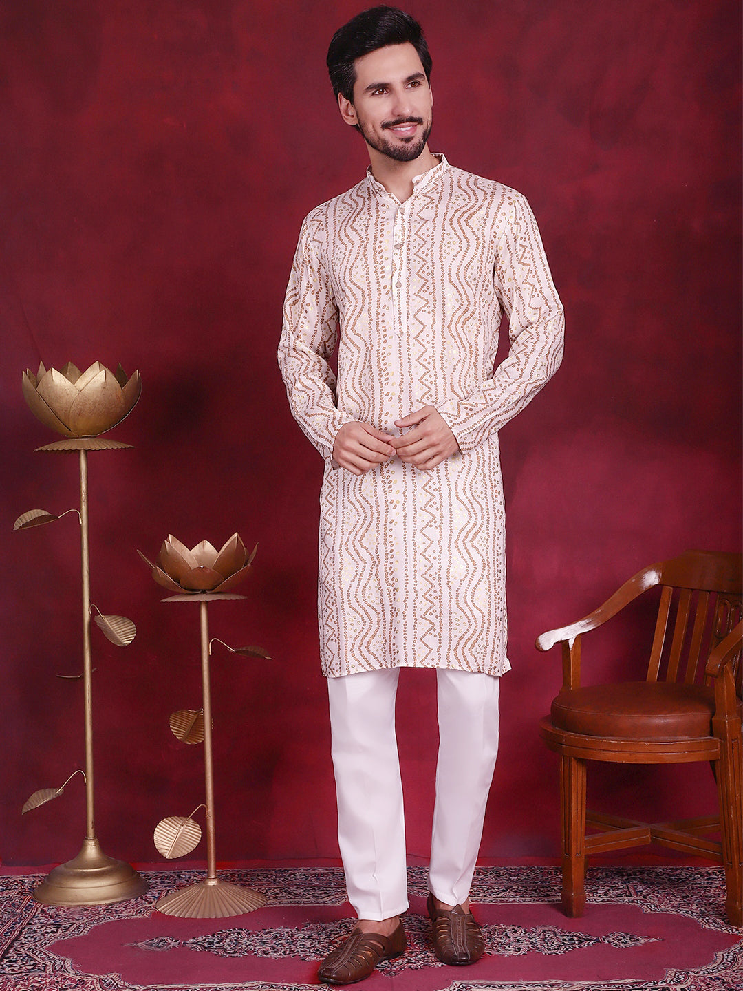 Jompers Men's Bandhani Printed Kurta with Pyjama - Cream