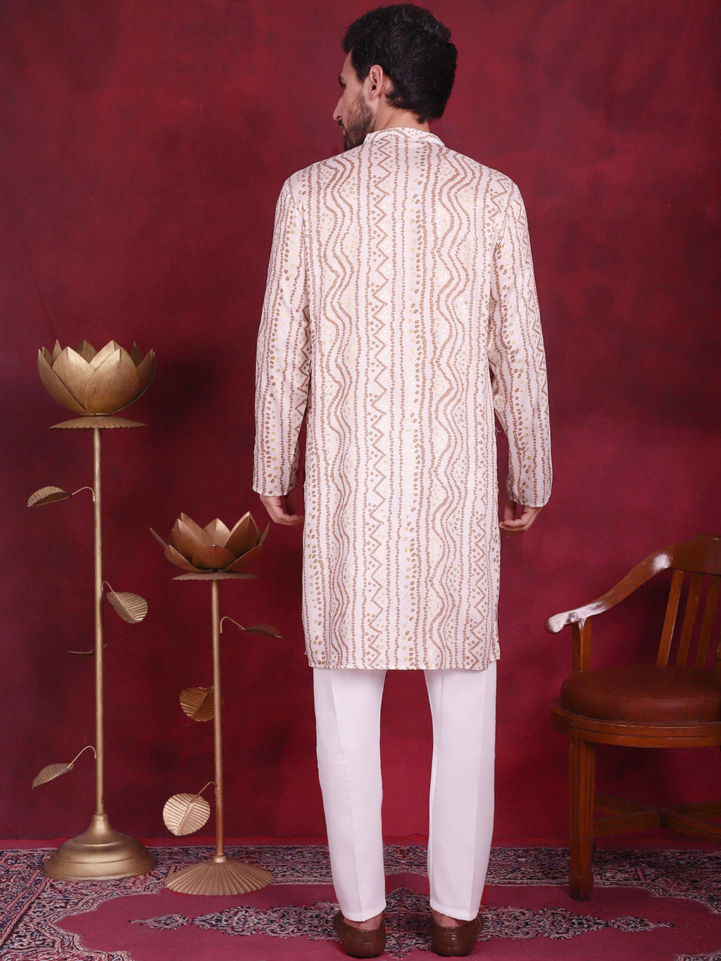 Jompers Men's Bandhani Printed Kurta with Pyjama - Cream
