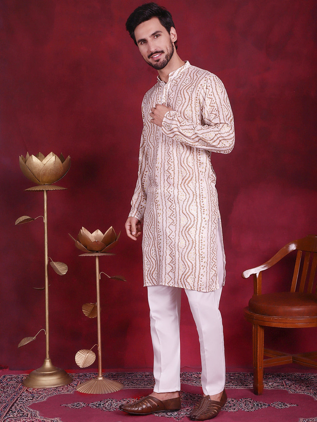 Jompers Men's Bandhani Printed Kurta with Pyjama - Cream