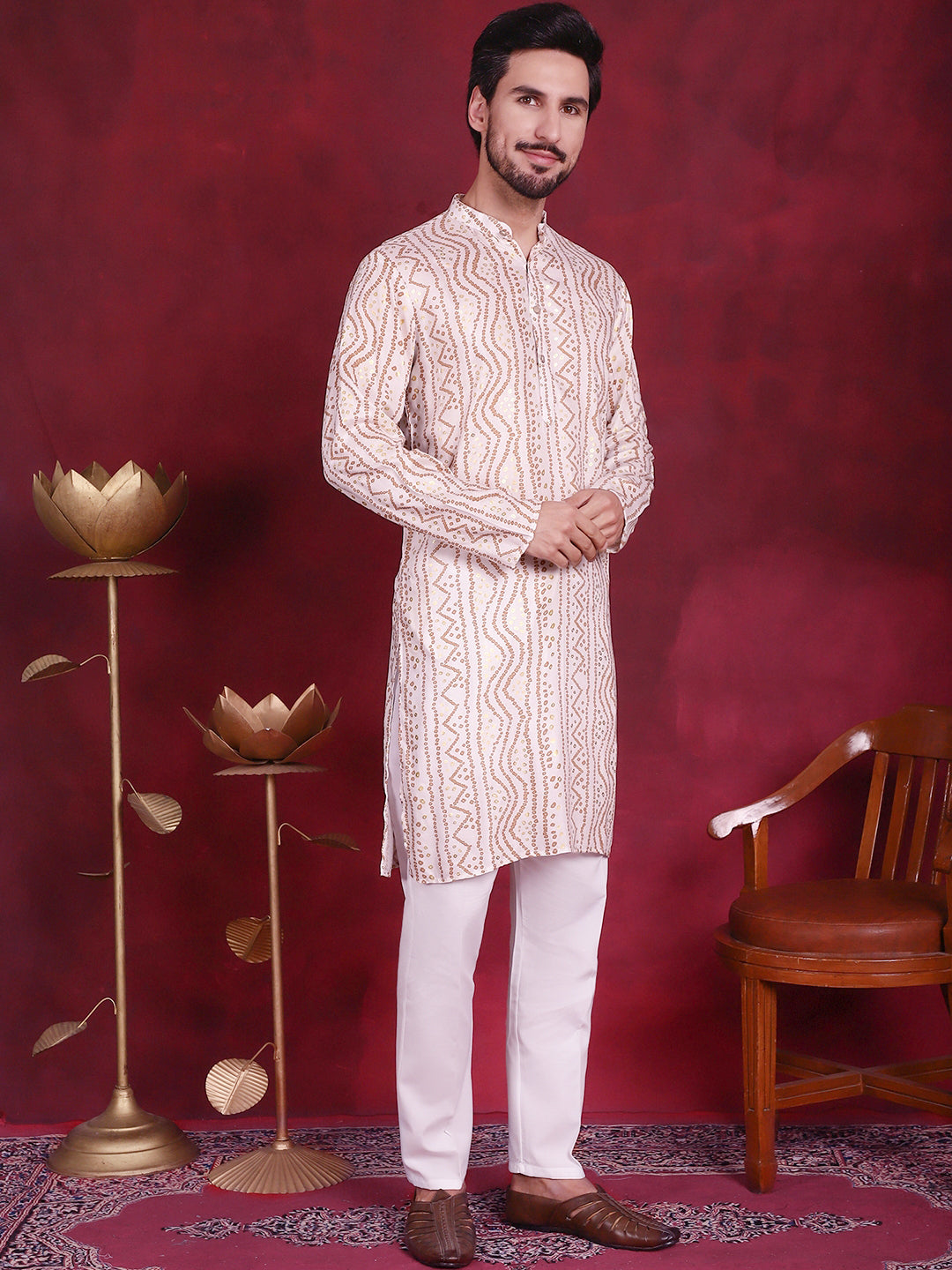 Jompers Men's Bandhani Printed Kurta with Pyjama - Cream