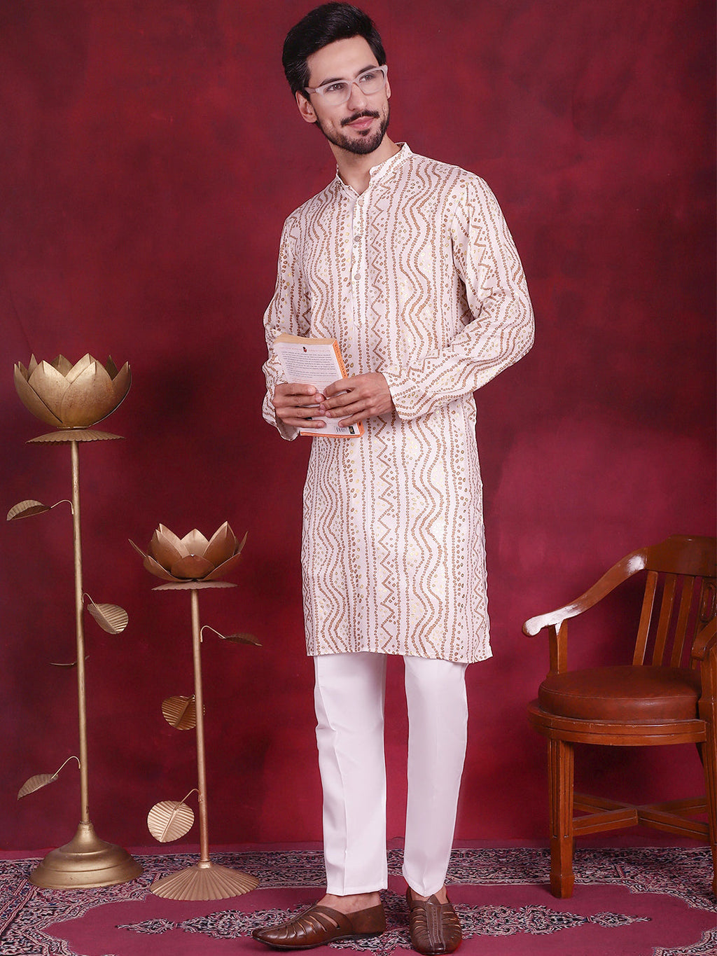 Jompers Men's Bandhani Printed Kurta with Pyjama - Cream