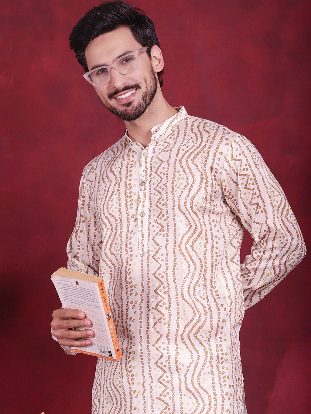 Jompers Men's Bandhani Printed Kurta with Pyjama - Cream