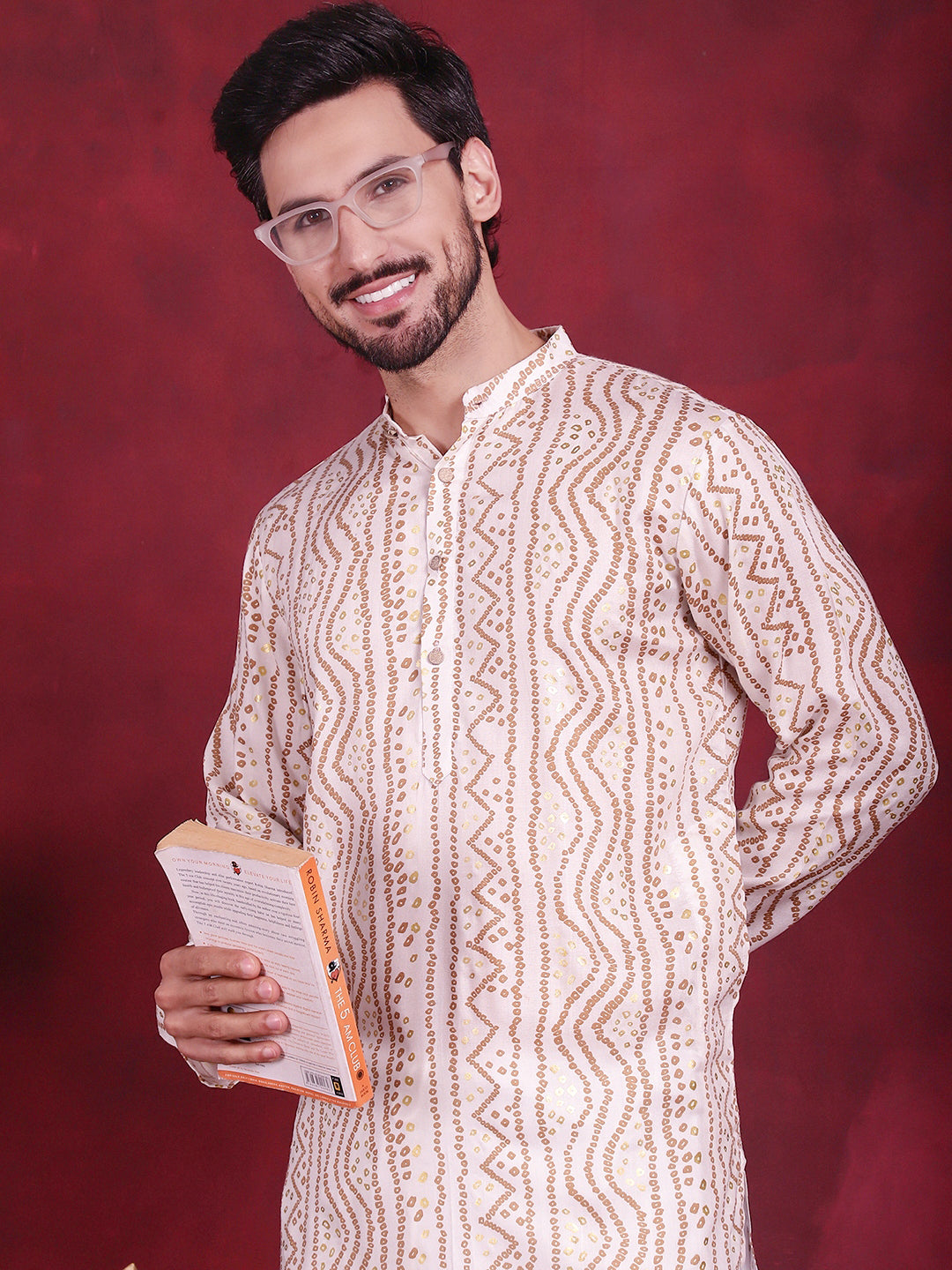 Jompers Men's Bandhani Printed Kurta with Pyjama - Cream