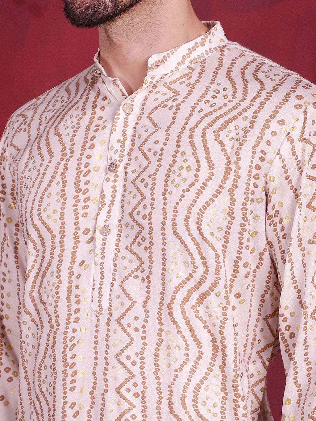 Jompers Men's Bandhani Printed Kurta with Pyjama - Cream