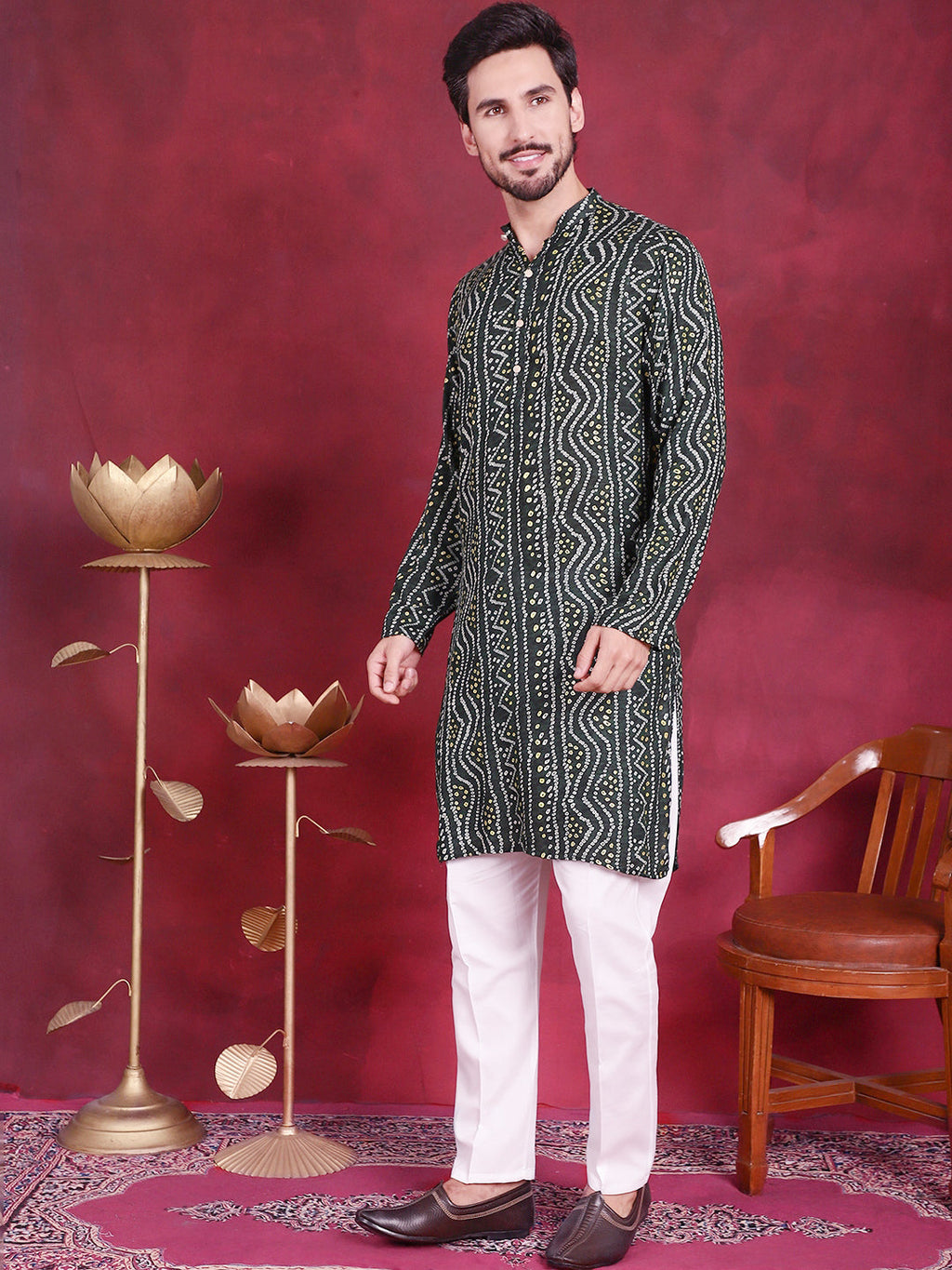 Jompers Men's Bandhani Printed Kurta with Pyjama - Green