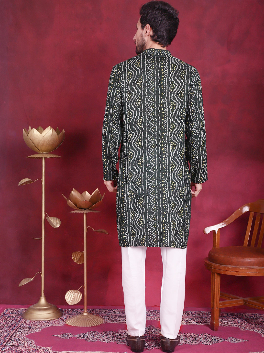 Jompers Men's Bandhani Printed Kurta with Pyjama - Green
