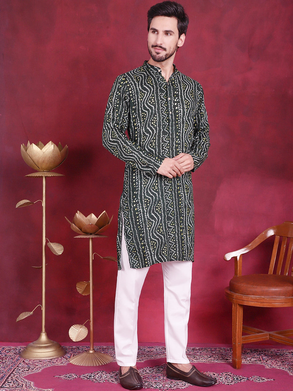 Jompers Men's Bandhani Printed Kurta with Pyjama - Green