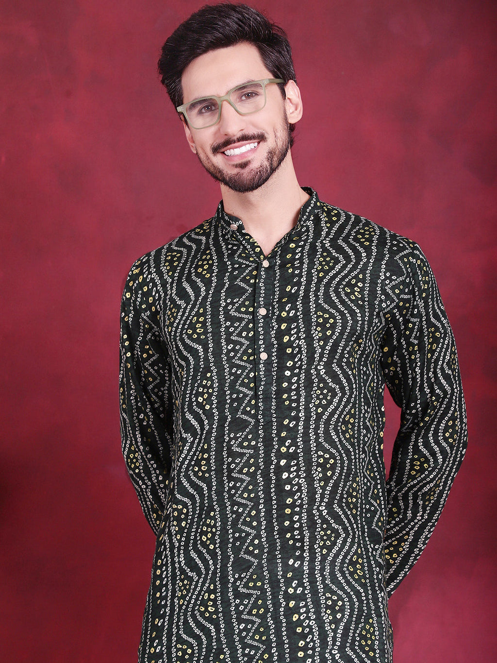 Jompers Men's Bandhani Printed Kurta with Pyjama - Green