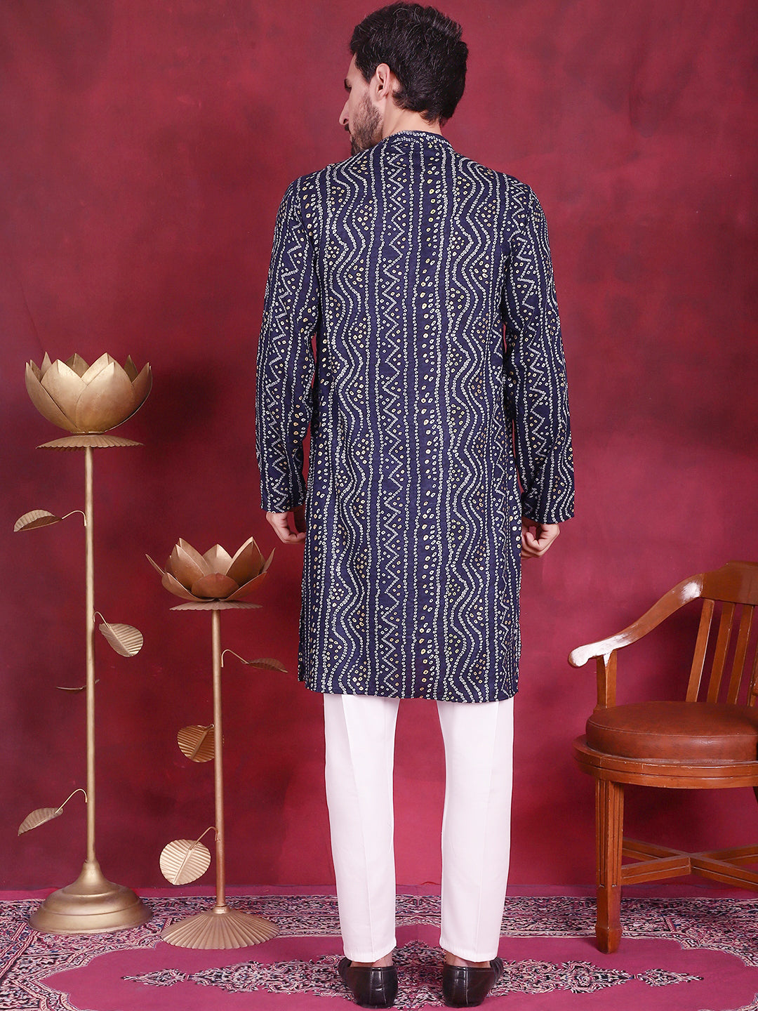 Jompers Men's Bandhani Printed Kurta with Pyjama - Navy Blue