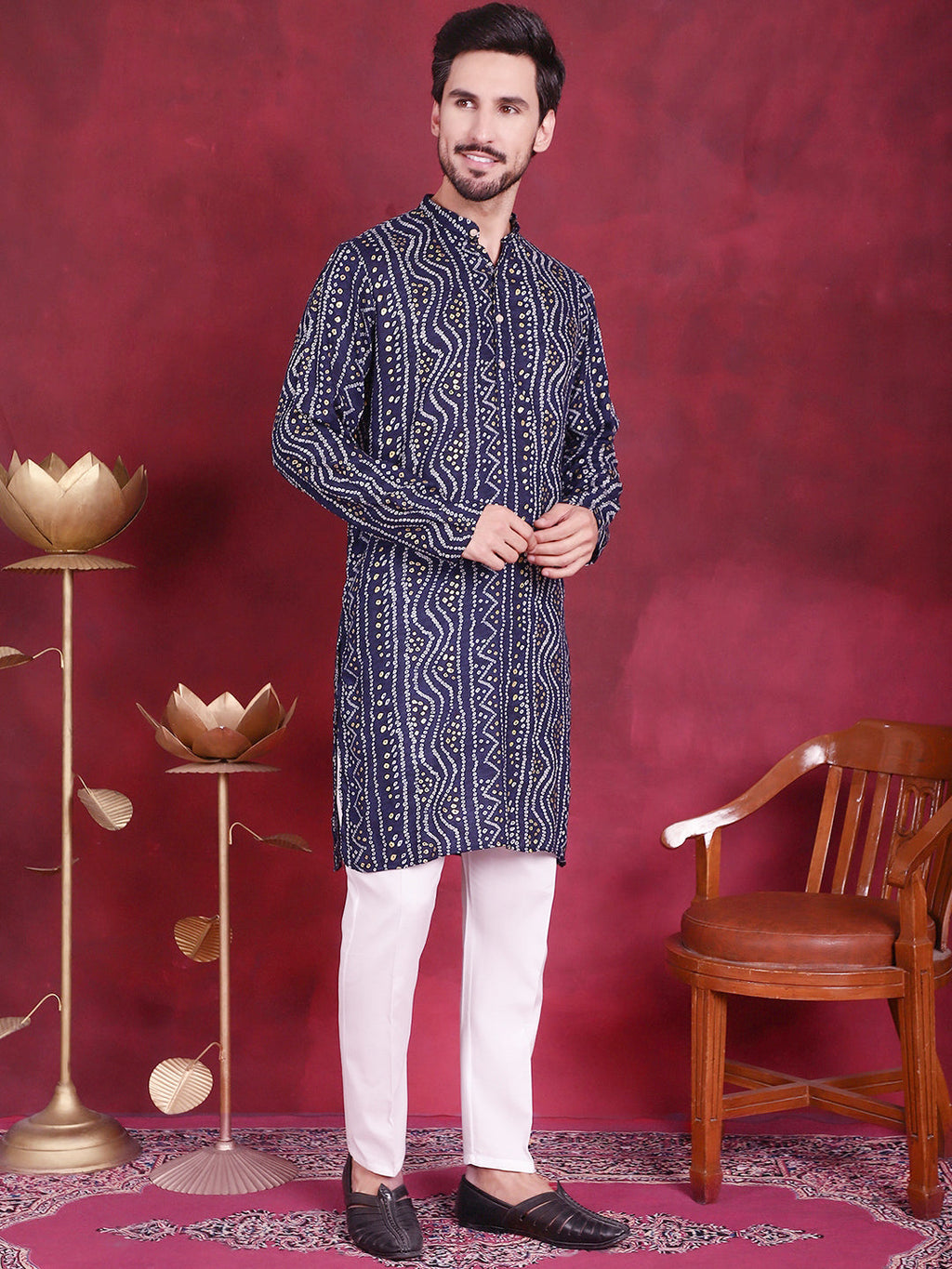 Jompers Men's Bandhani Printed Kurta with Pyjama - Navy Blue
