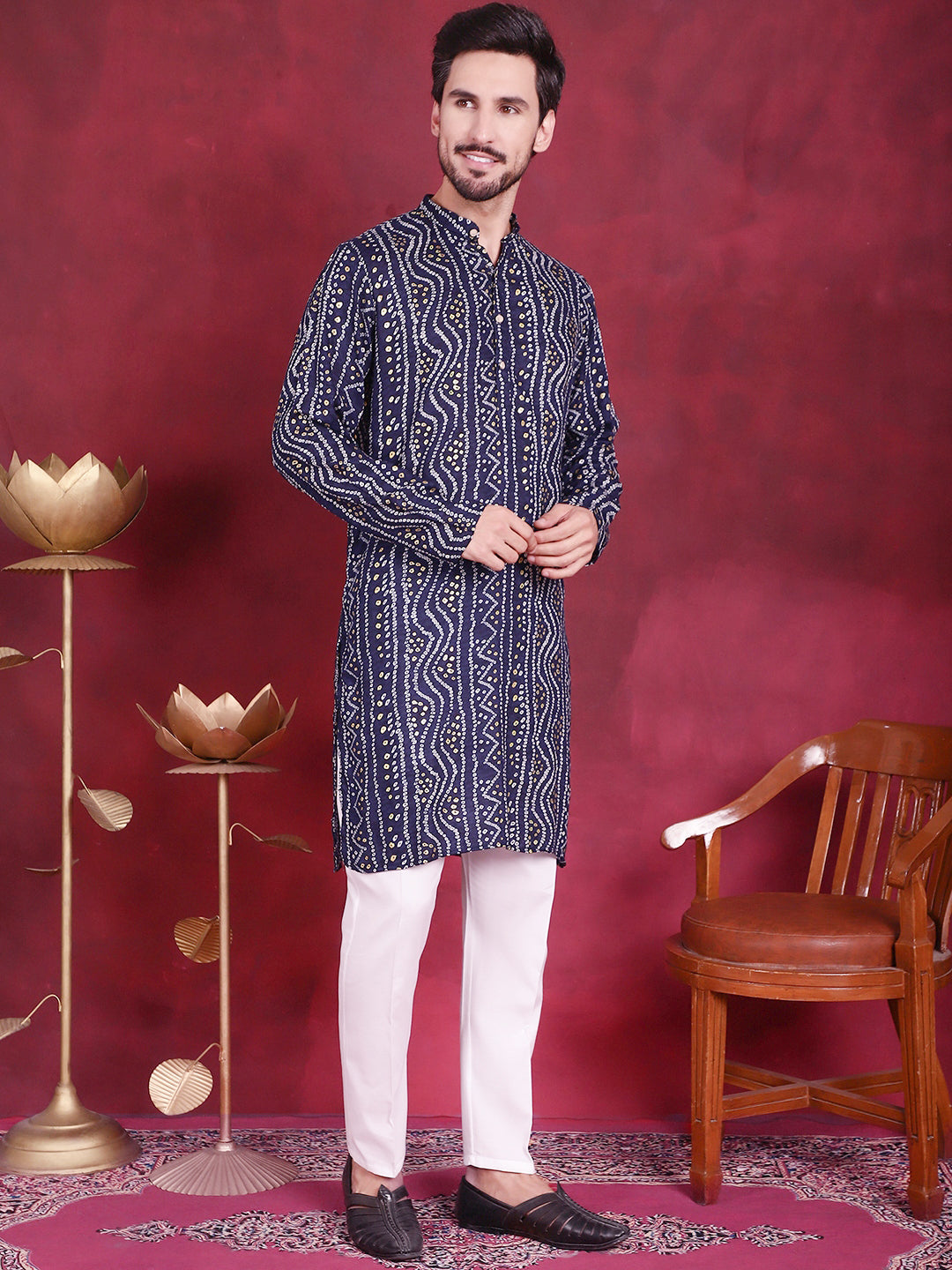 Jompers Men's Bandhani Printed Kurta with Pyjama - Navy Blue