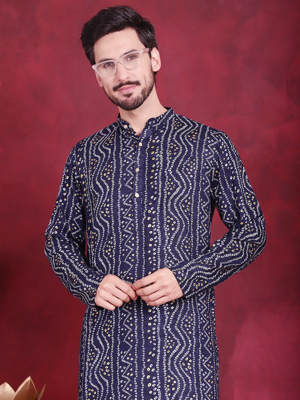Jompers Men's Bandhani Printed Kurta with Pyjama - Navy Blue