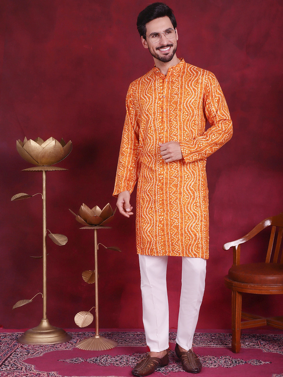 Jompers Men's Bandhani Printed Kurta with Pyjama - Orange