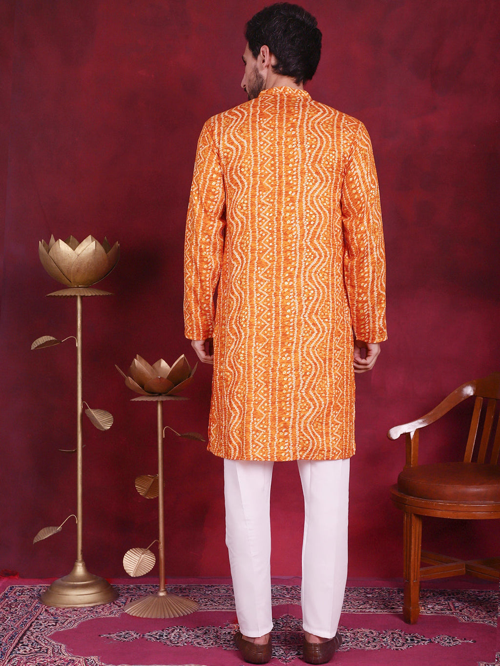 Jompers Men's Bandhani Printed Kurta with Pyjama - Orange