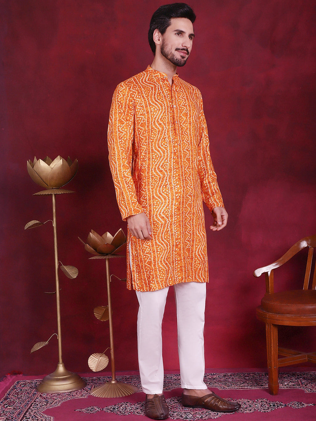 Jompers Men's Bandhani Printed Kurta with Pyjama - Orange