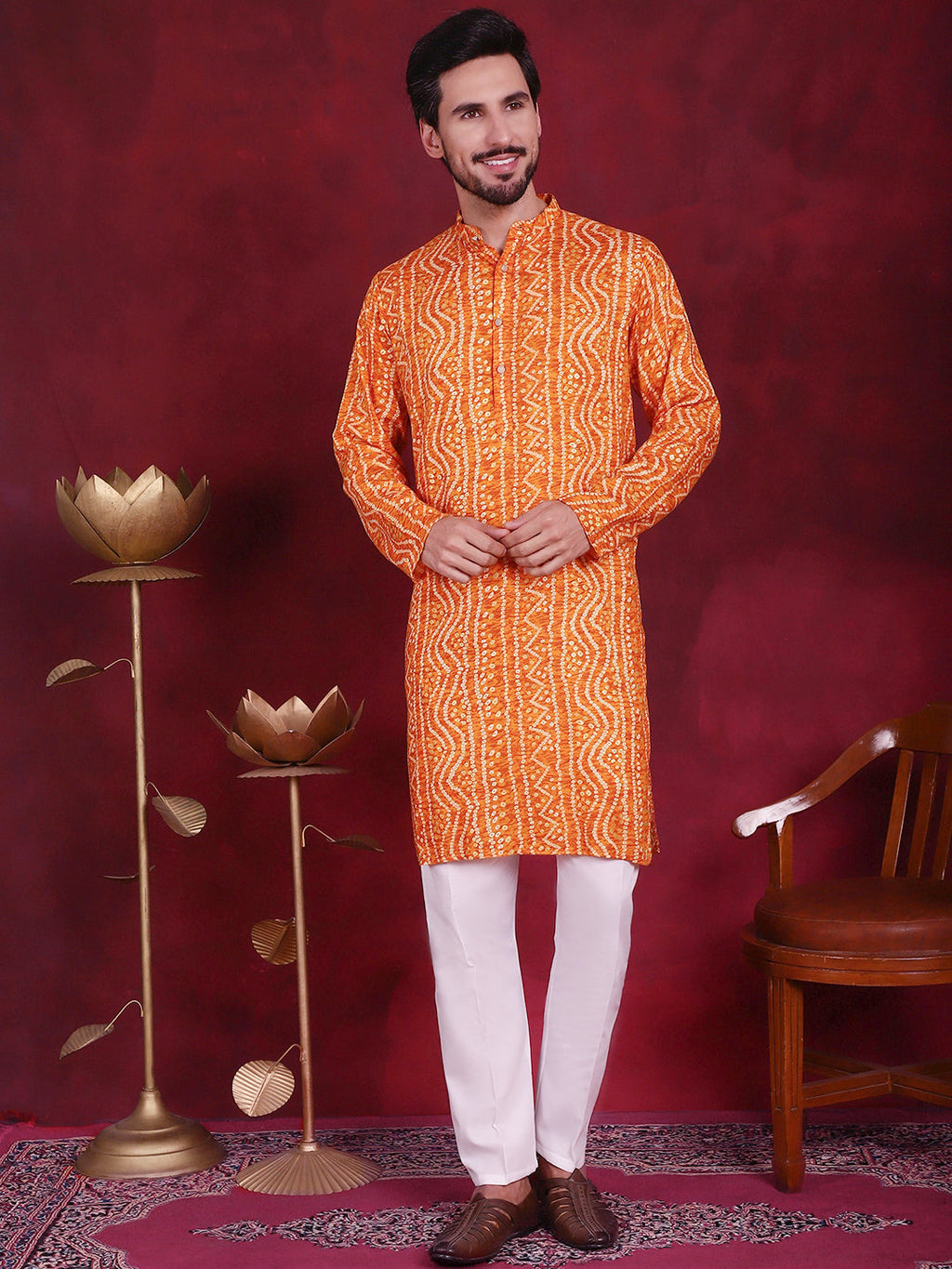 Jompers Men's Bandhani Printed Kurta with Pyjama - Orange