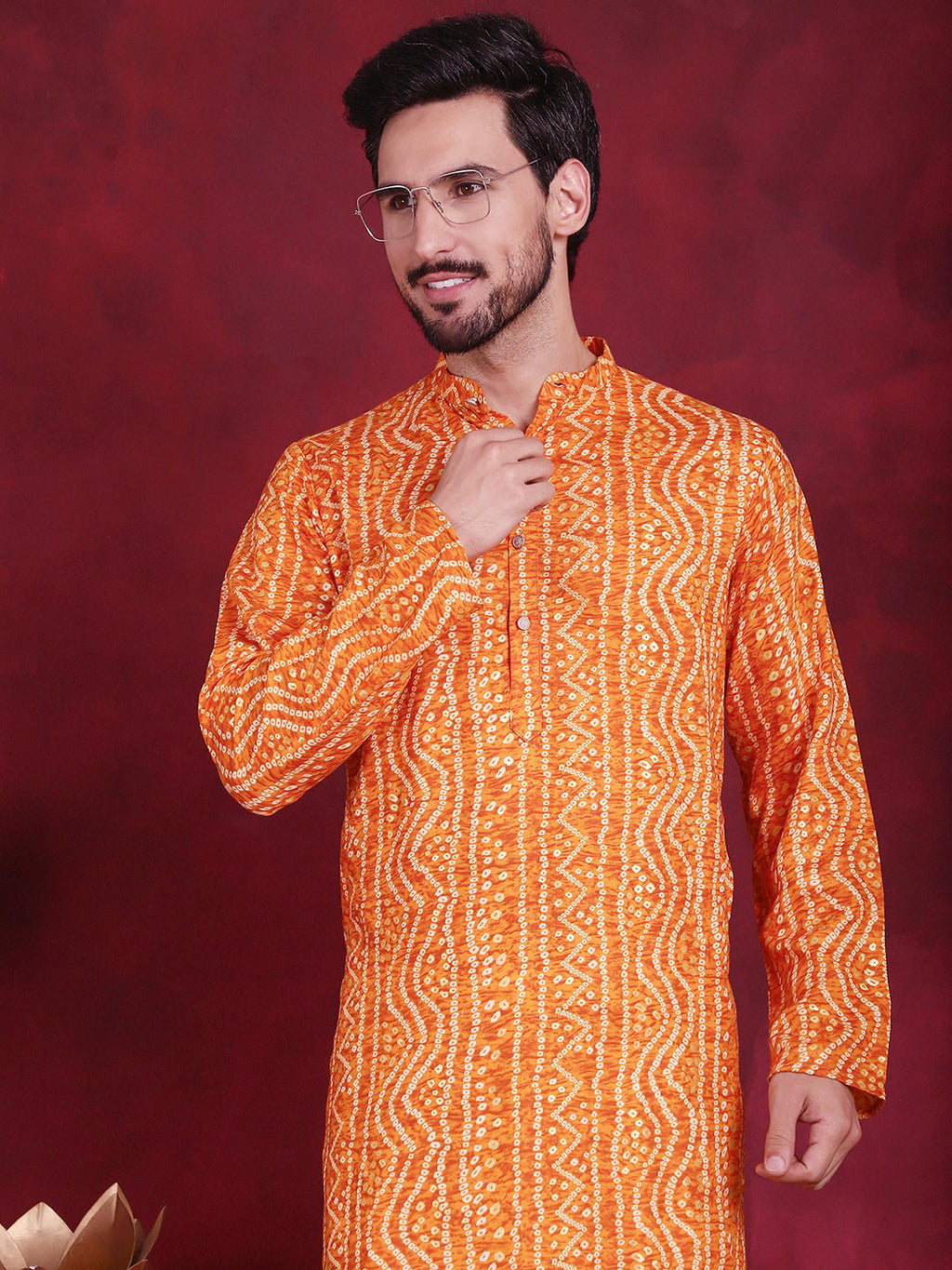 Jompers Men's Bandhani Printed Kurta with Pyjama - Orange