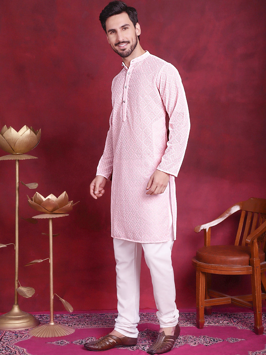 Jompers Men's Chikankari Embroidered Kurta with Pyjama - Pink