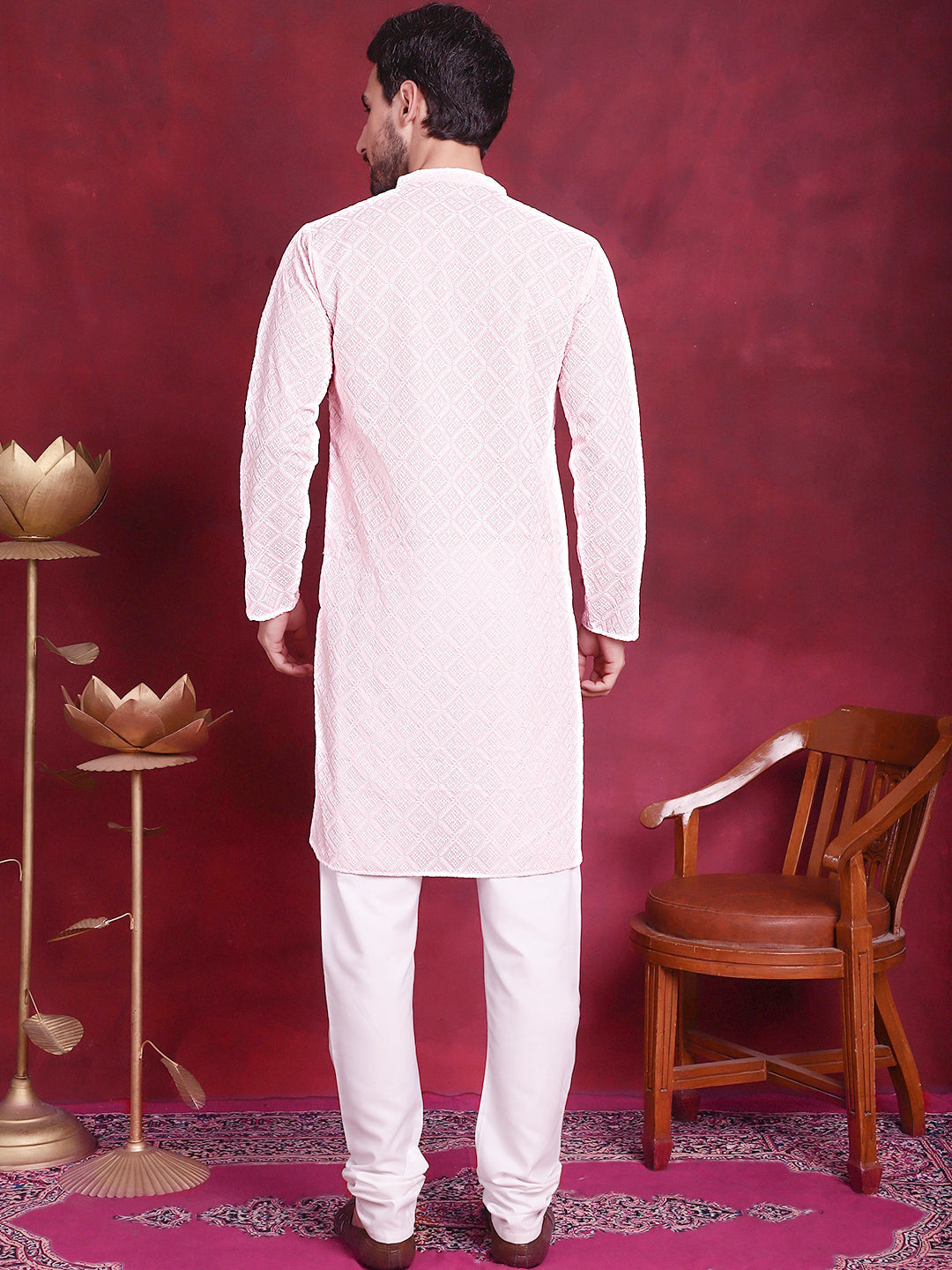 Jompers Men's Chikankari Embroidered Kurta with Pyjama - Pink