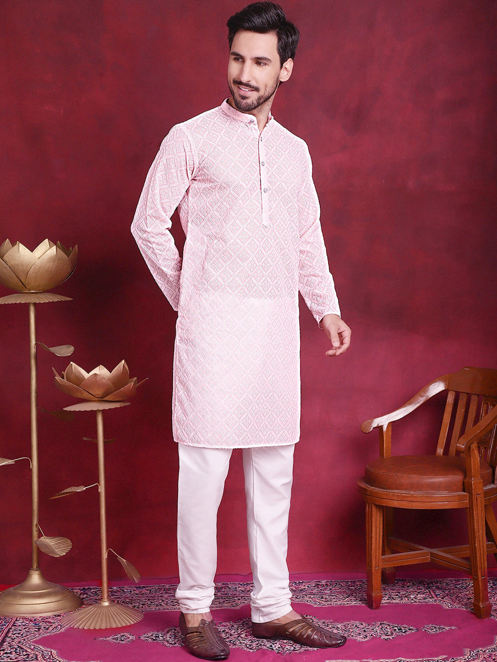 Jompers Men's Chikankari Embroidered Kurta with Pyjama - Pink