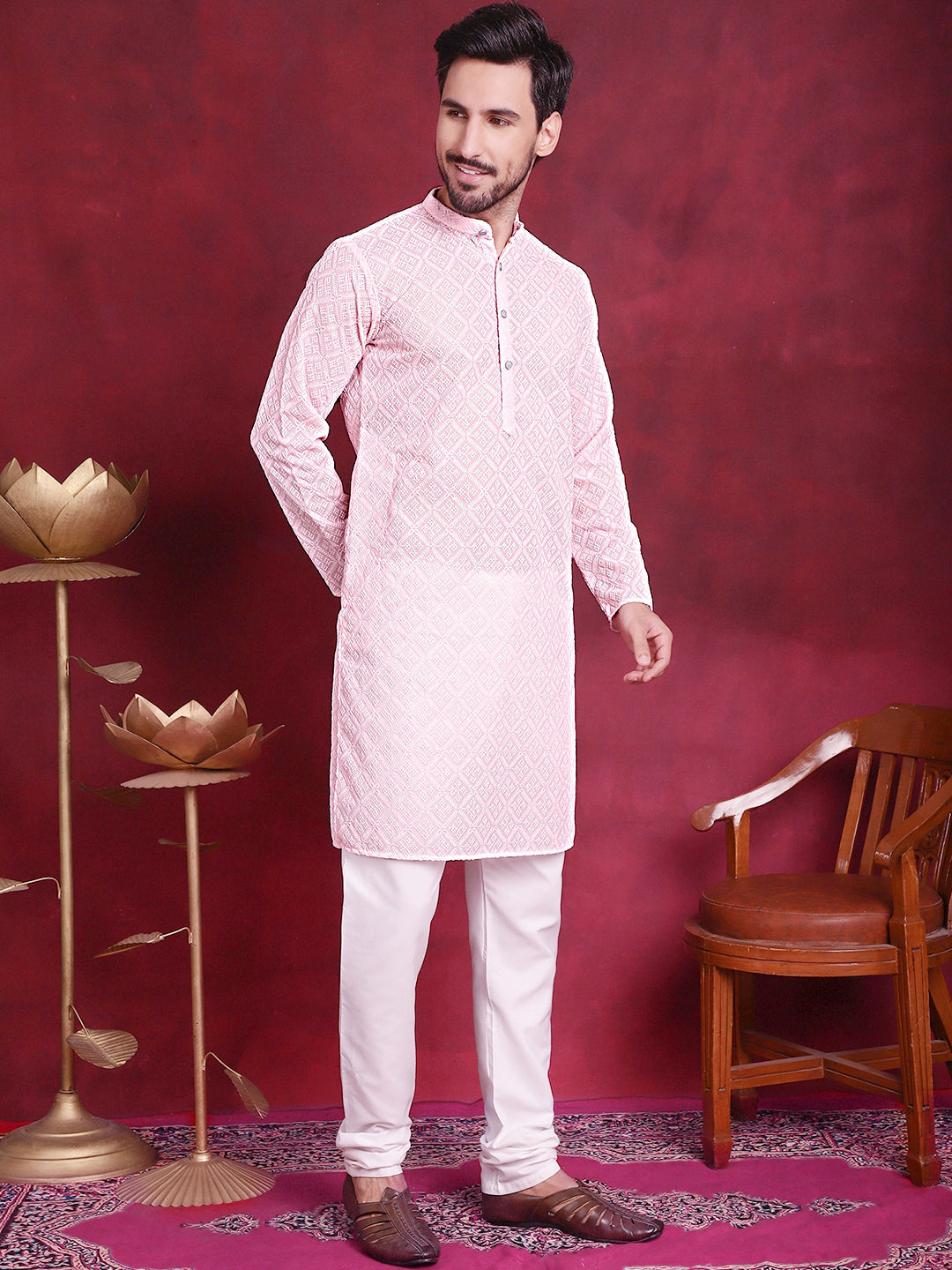 Jompers Men's Chikankari Embroidered Kurta with Pyjama - Pink