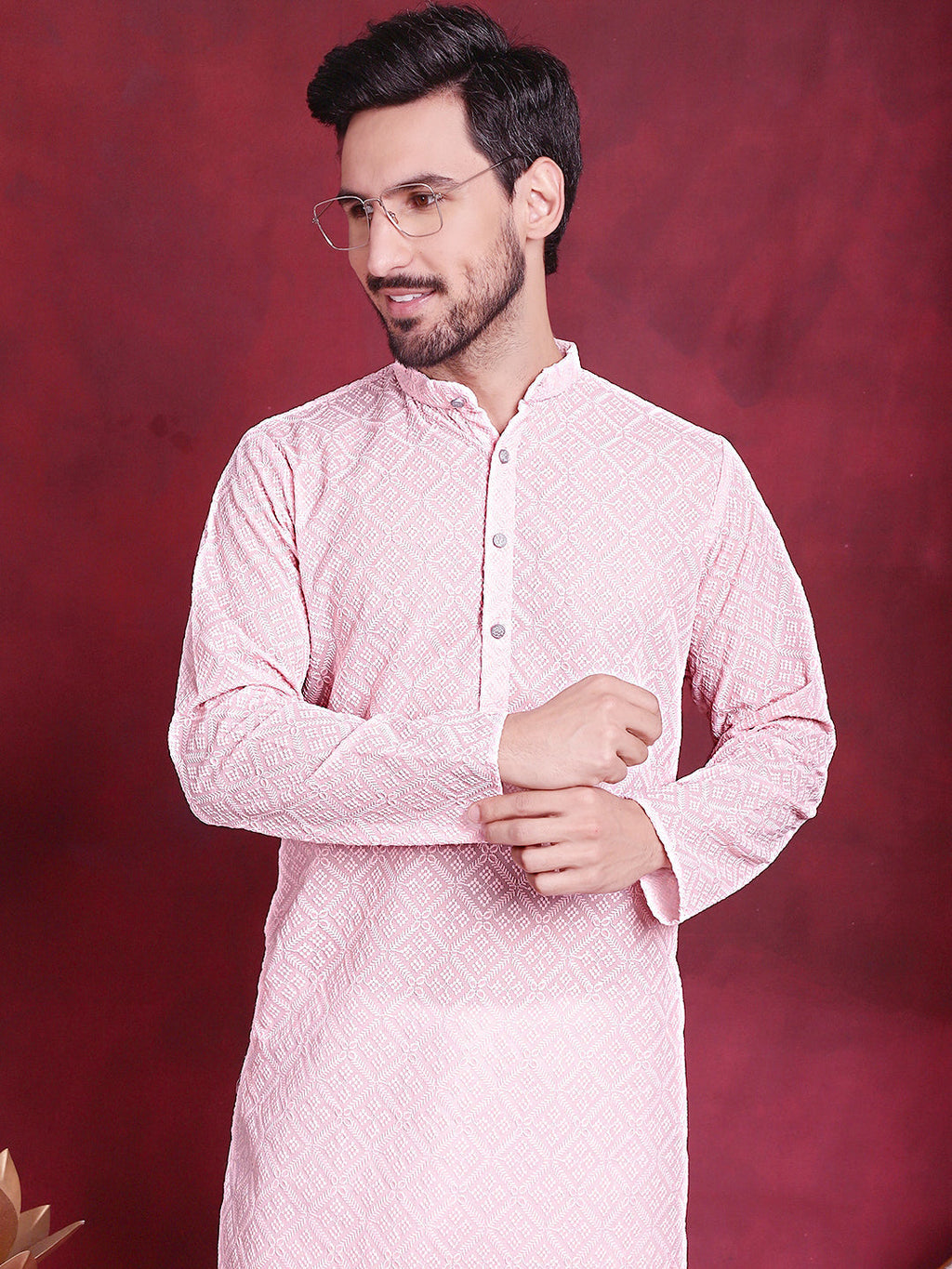 Jompers Men's Chikankari Embroidered Kurta with Pyjama - Pink