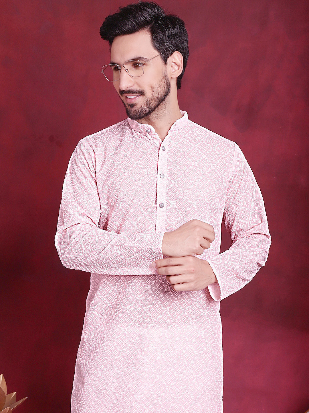 Jompers Men's Chikankari Embroidered Kurta with Pyjama - Pink