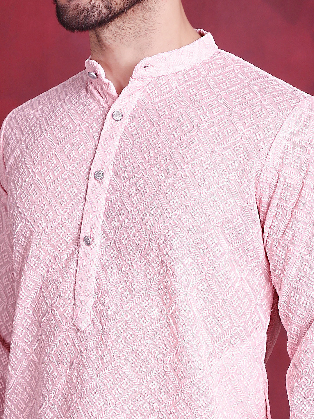 Jompers Men's Chikankari Embroidered Kurta with Pyjama - Pink