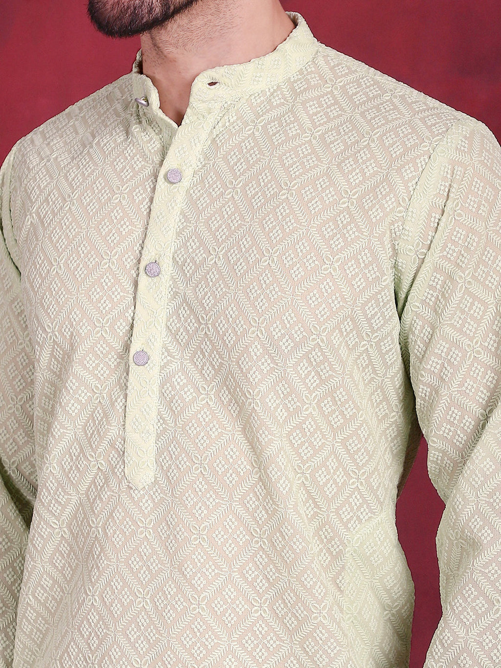 Jompers Men's Chikankari Embroidered Kurta with Pyjama - Pista