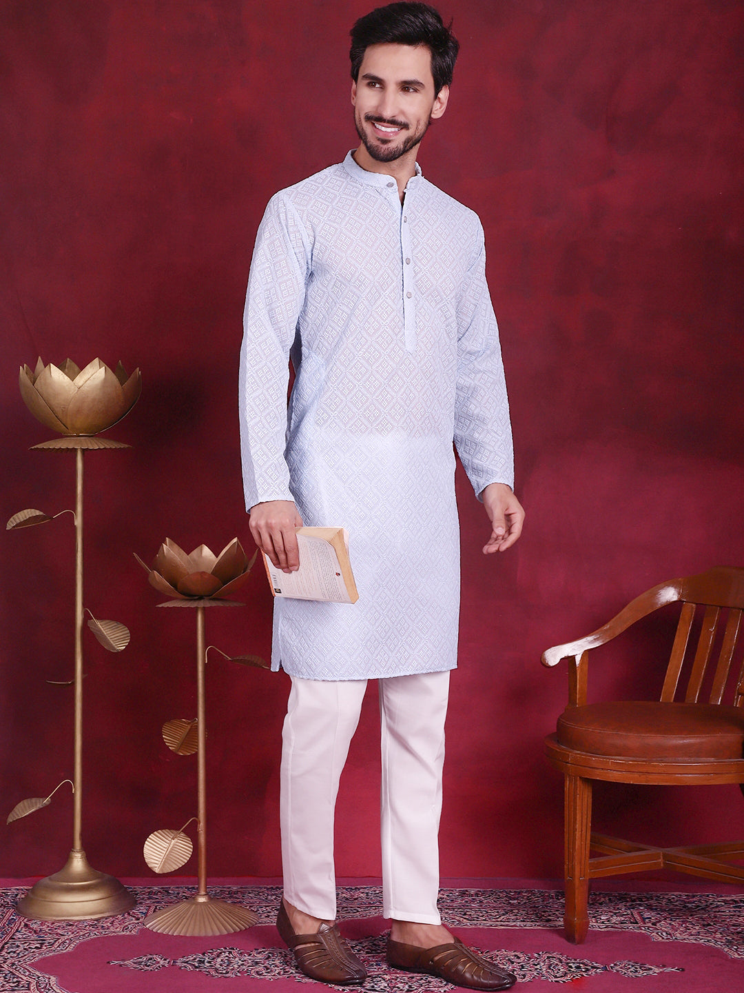 Jompers Men's Chikankari Embroidered Kurta with Pyjama - Sky Blue