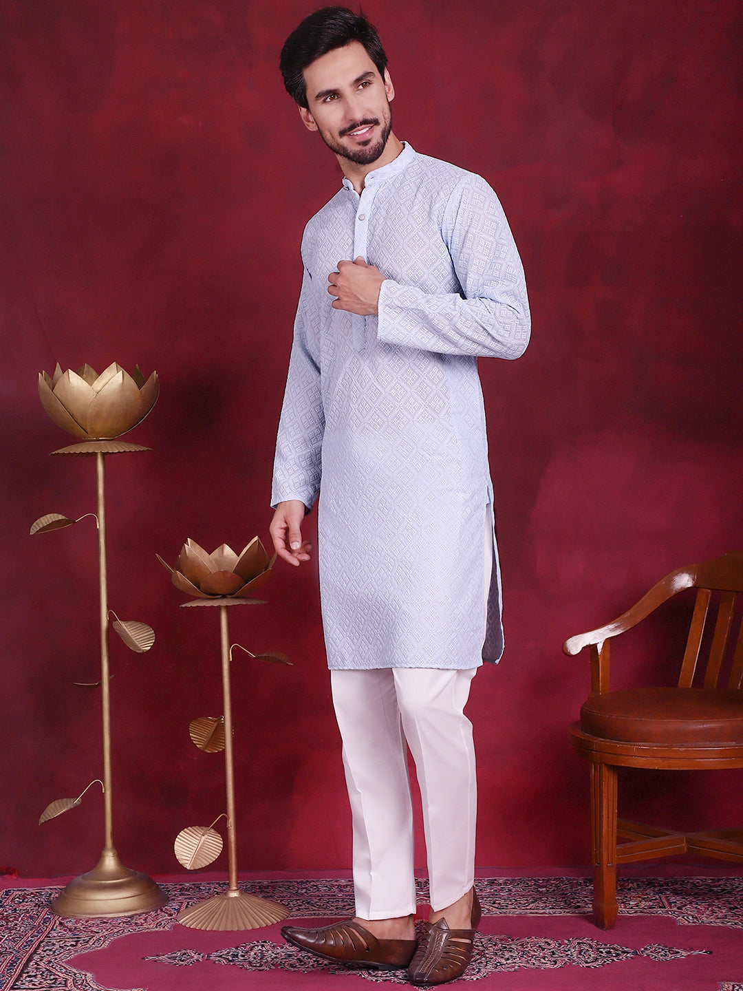 Jompers Men's Chikankari Embroidered Kurta with Pyjama - Sky Blue