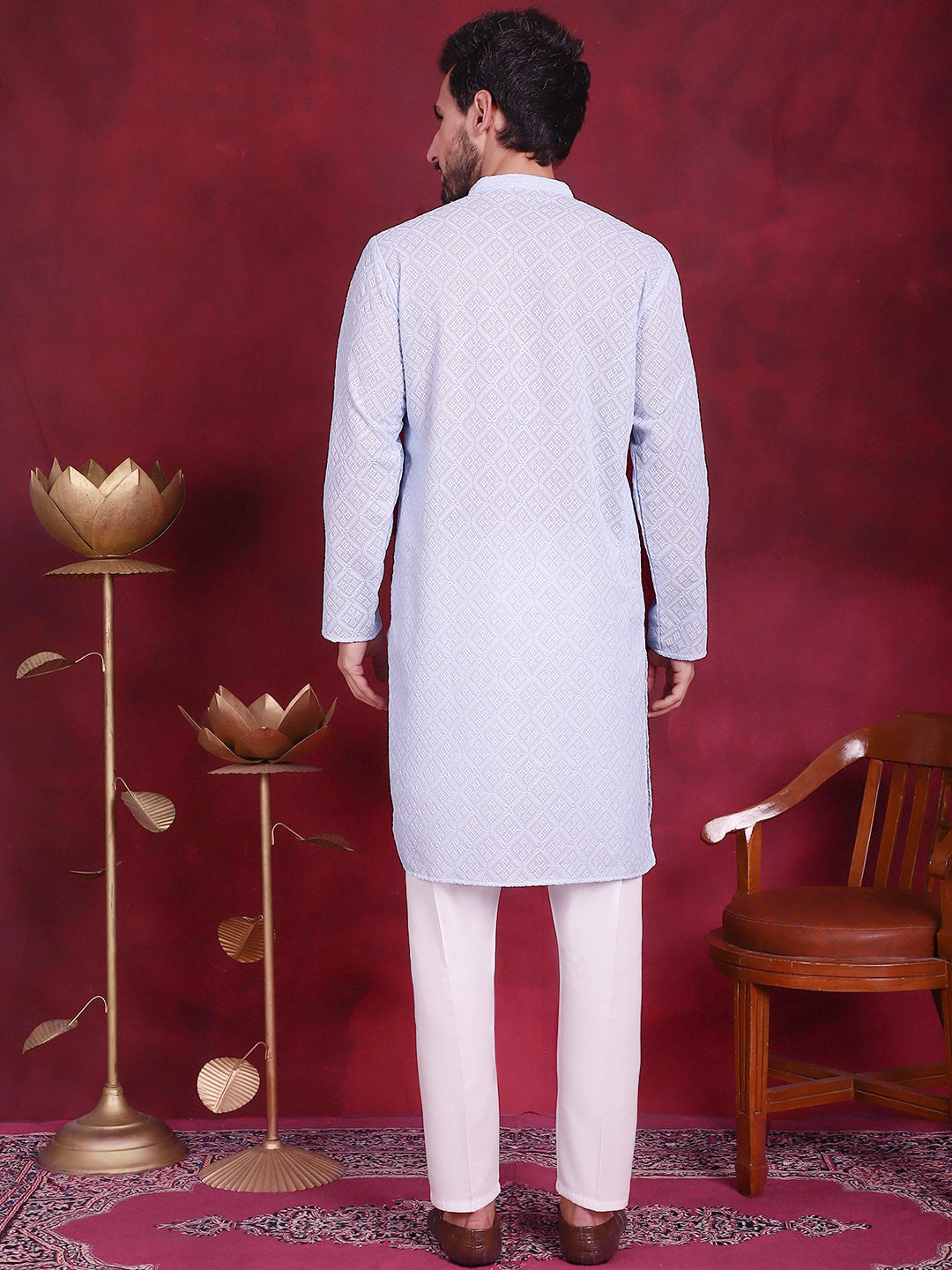 Jompers Men's Chikankari Embroidered Kurta with Pyjama - Sky Blue