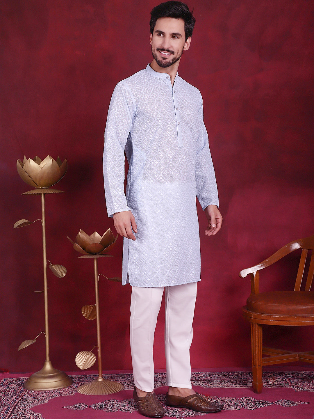 Jompers Men's Chikankari Embroidered Kurta with Pyjama - Sky Blue