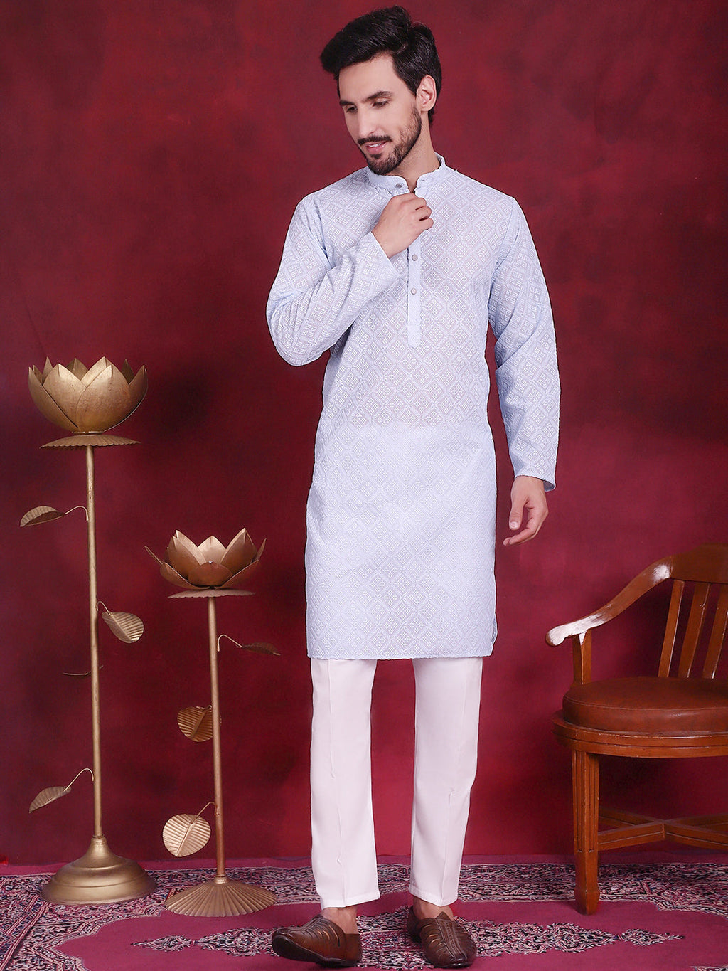 Jompers Men's Chikankari Embroidered Kurta with Pyjama - Sky Blue