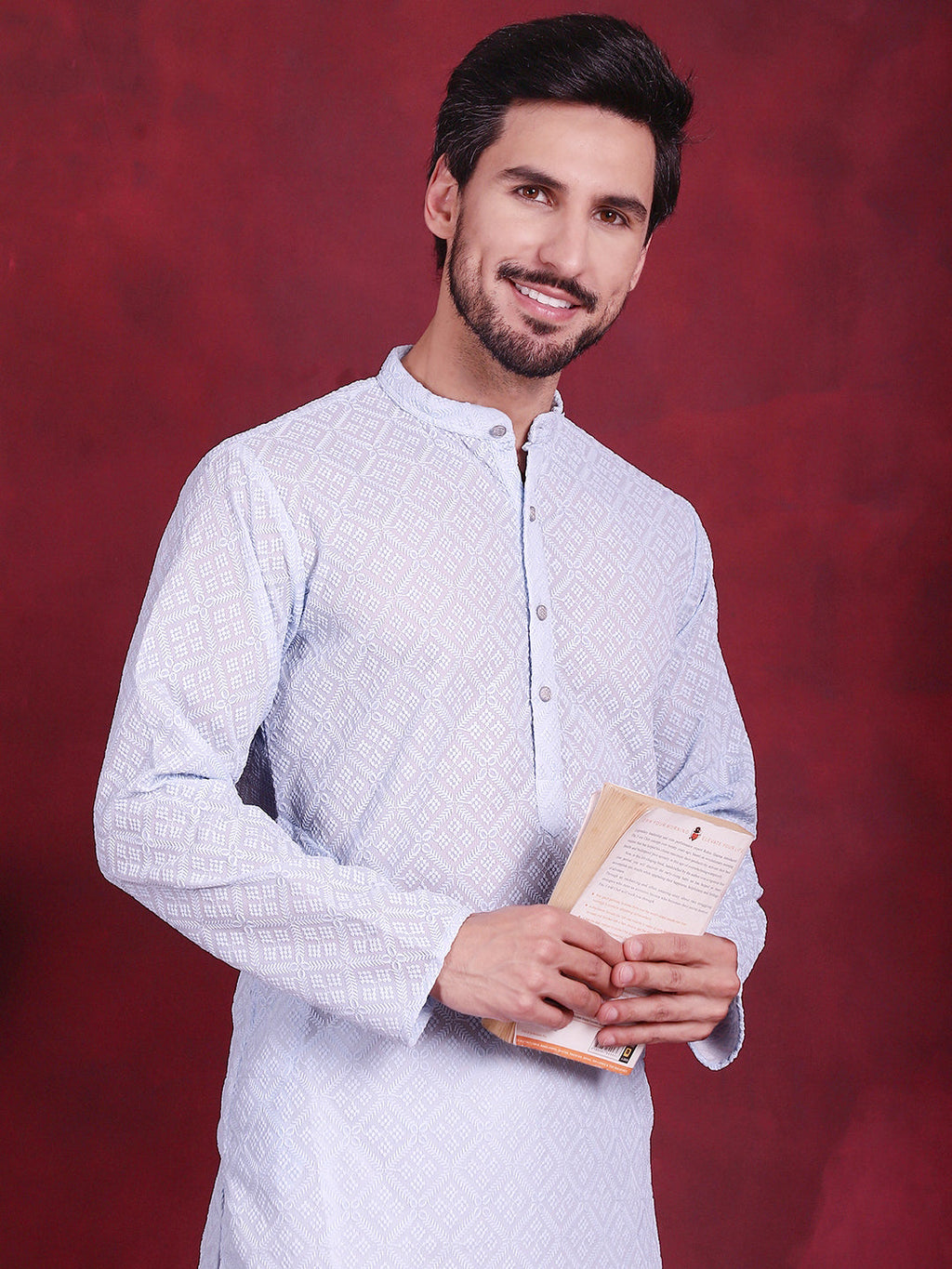 Jompers Men's Chikankari Embroidered Kurta with Pyjama - Sky Blue