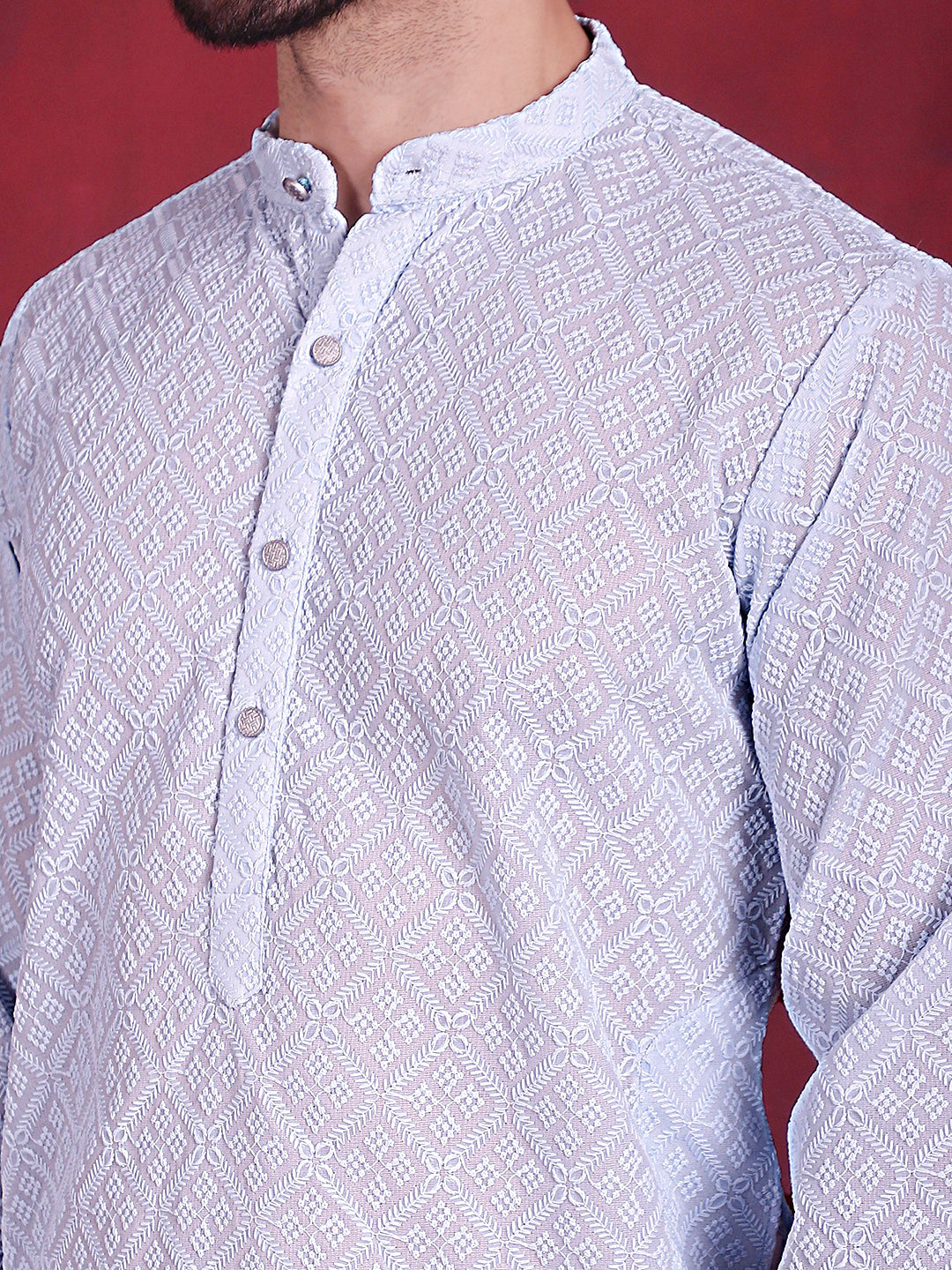 Jompers Men's Chikankari Embroidered Kurta with Pyjama - Sky Blue
