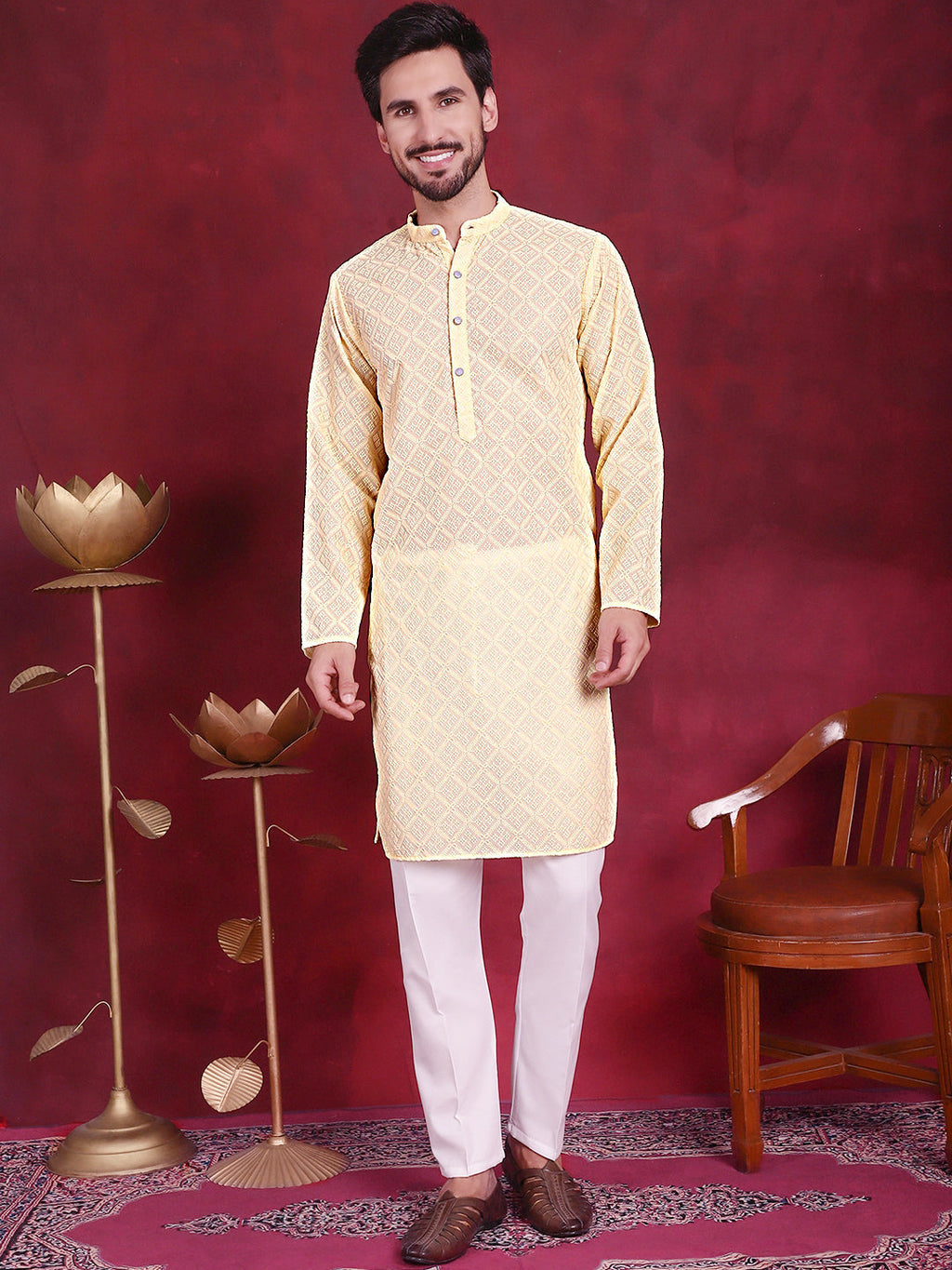 Jompers Men's Chikankari Embroidered Kurta with Pyjama - Yellow