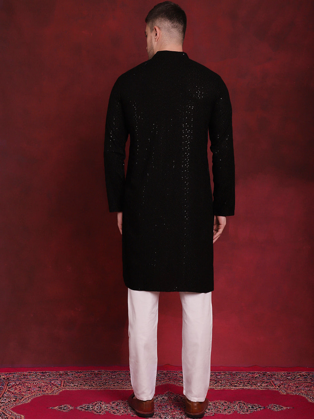 Jompers Men's Sequins Chikankari Kurta with Pyjama - Black