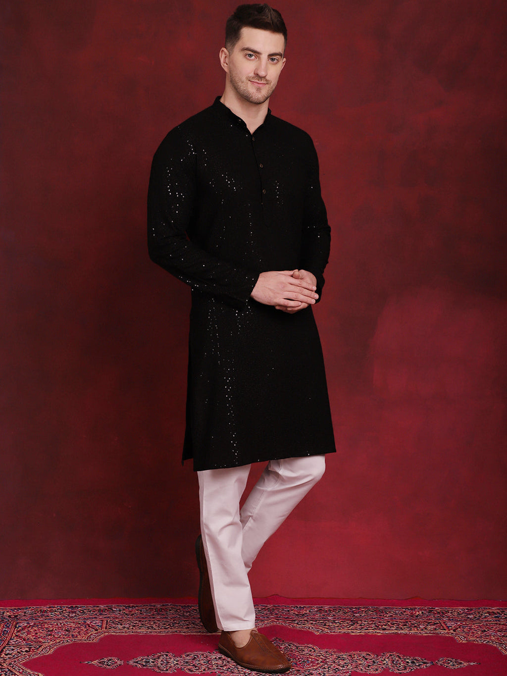 Jompers Men's Sequins Chikankari Kurta with Pyjama - Black