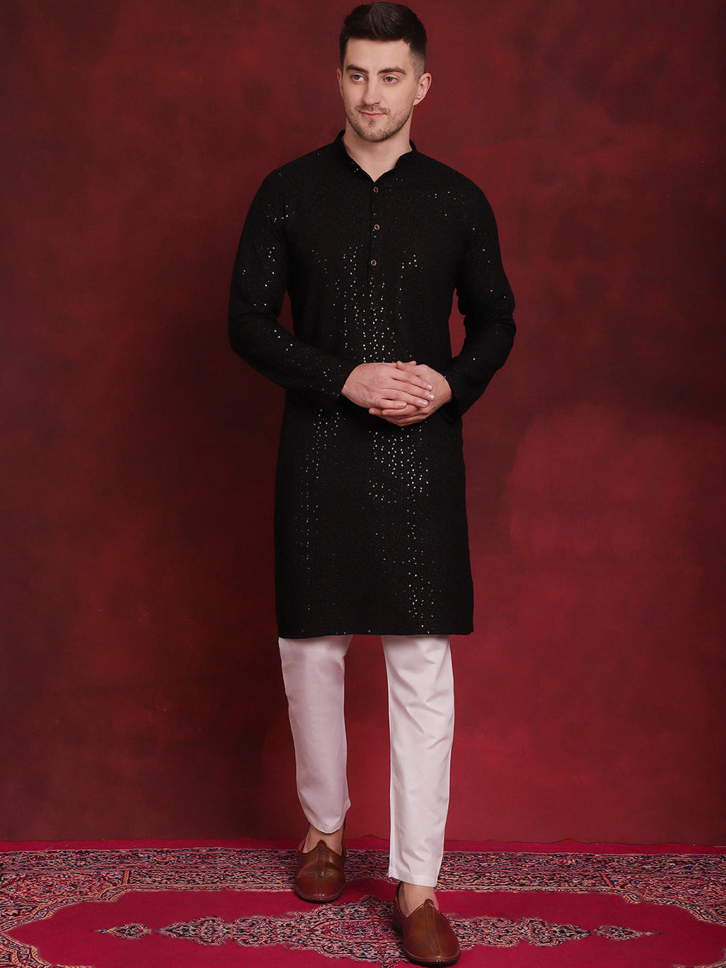 Jompers Men's Sequins Chikankari Kurta with Pyjama - Black