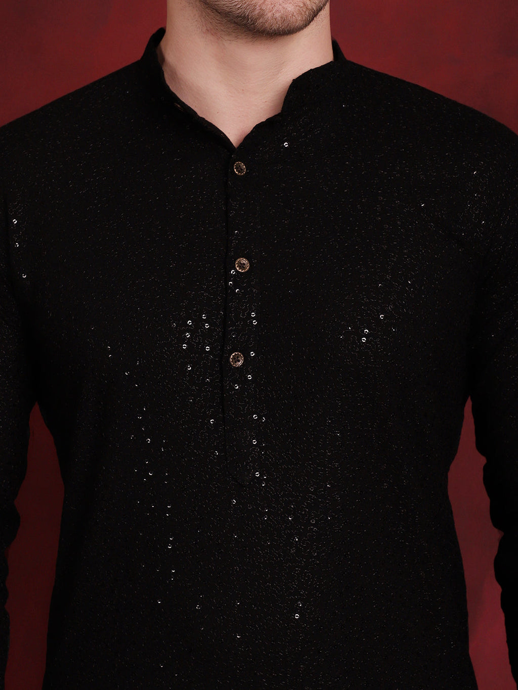 Jompers Men's Sequins Chikankari Kurta with Pyjama - Black