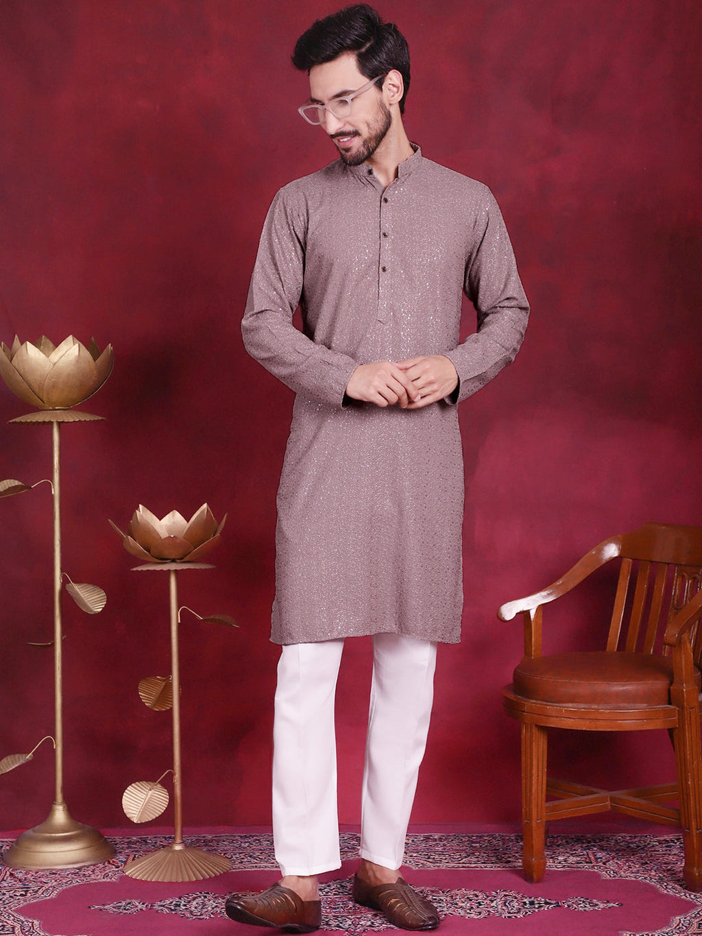 Jompers Men's Sequins Chikankari Kurta with Pyjama - Grey