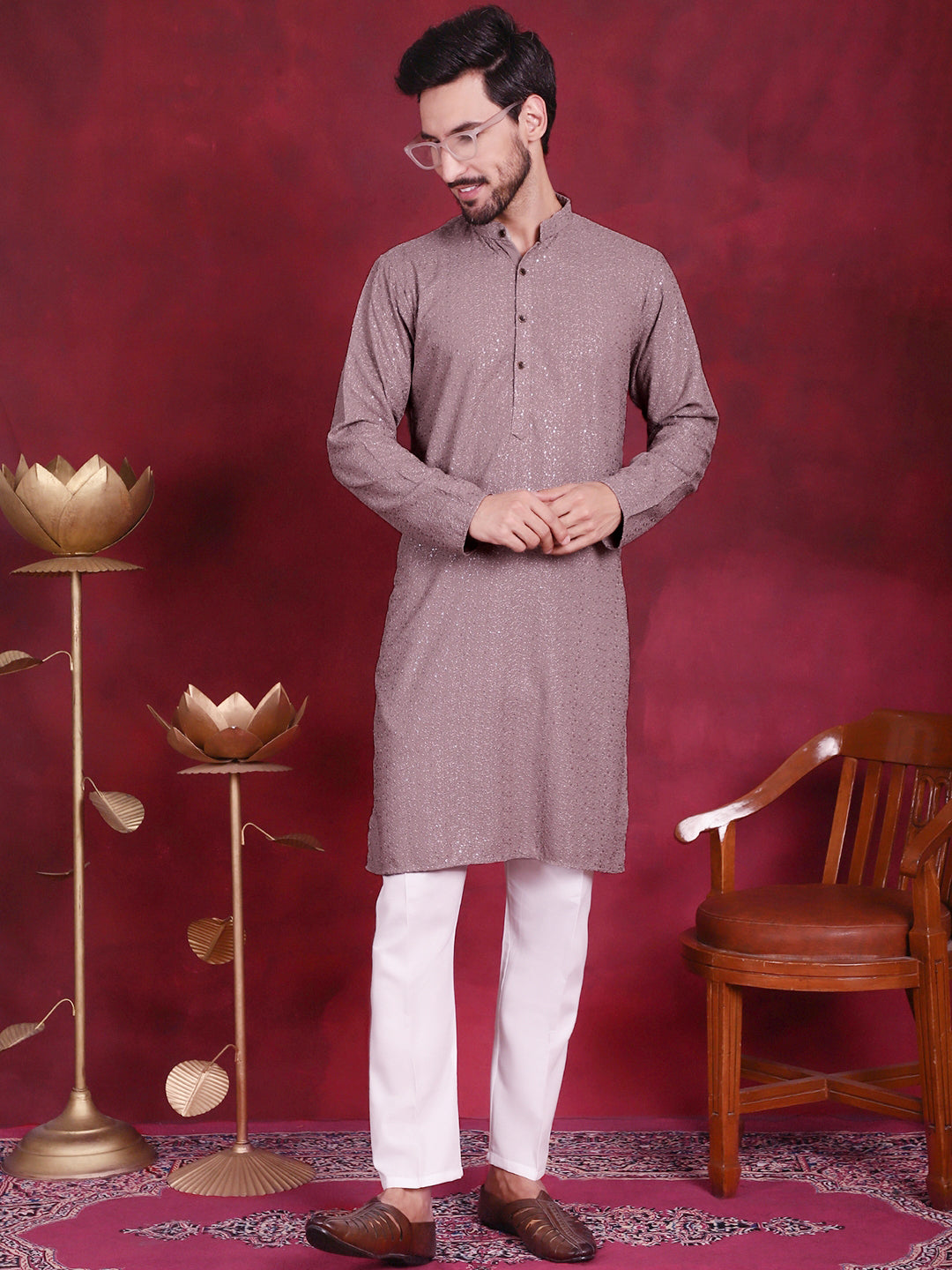 Jompers Men's Sequins Chikankari Kurta with Pyjama - Grey