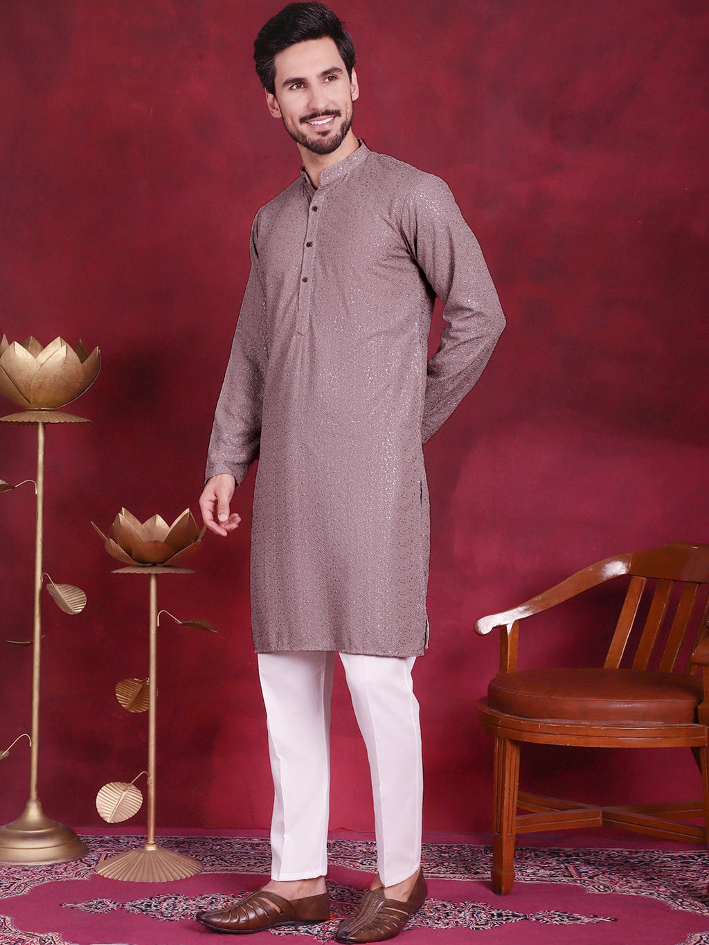 Jompers Men's Sequins Chikankari Kurta with Pyjama - Grey