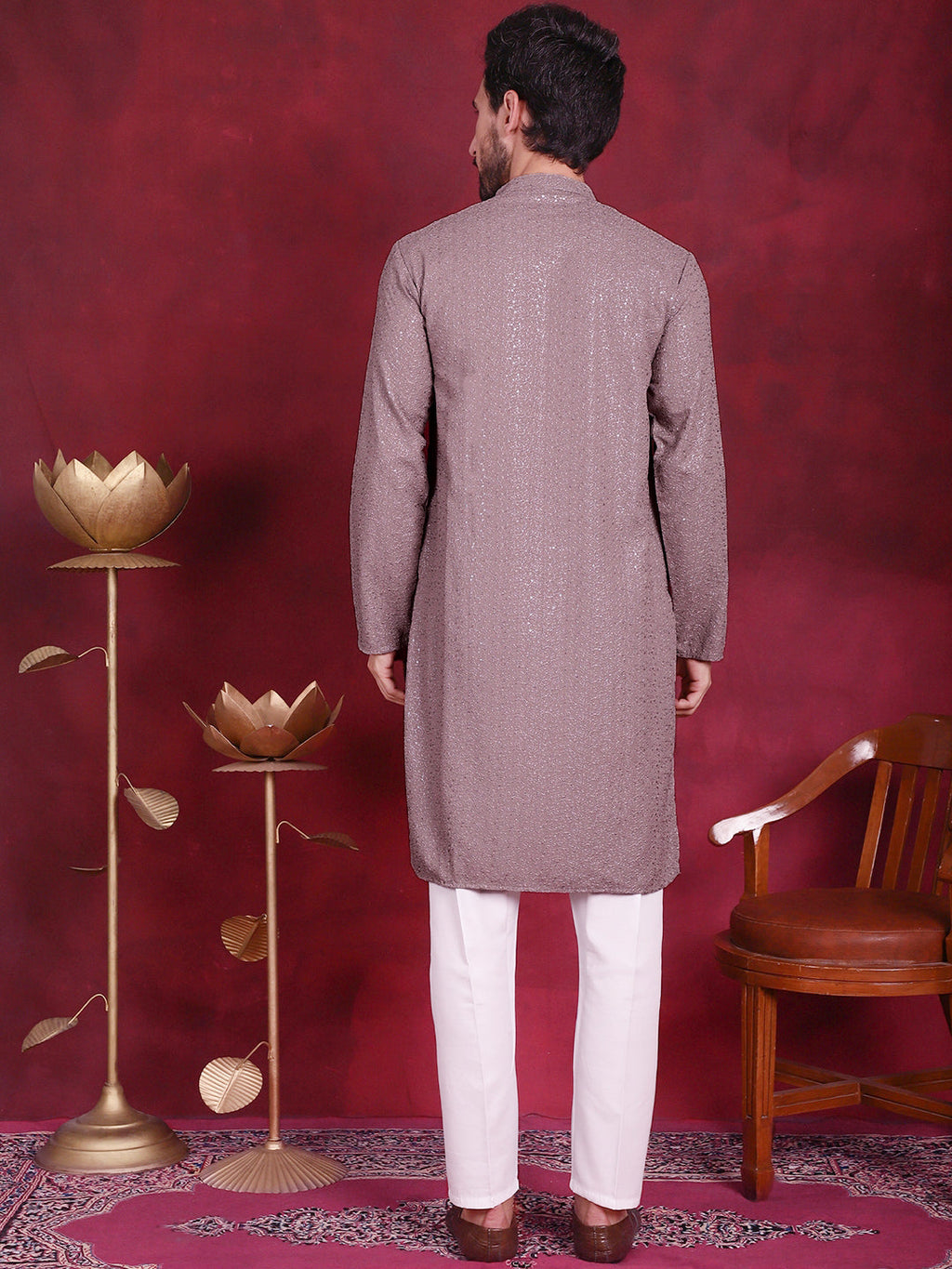Jompers Men's Sequins Chikankari Kurta with Pyjama - Grey