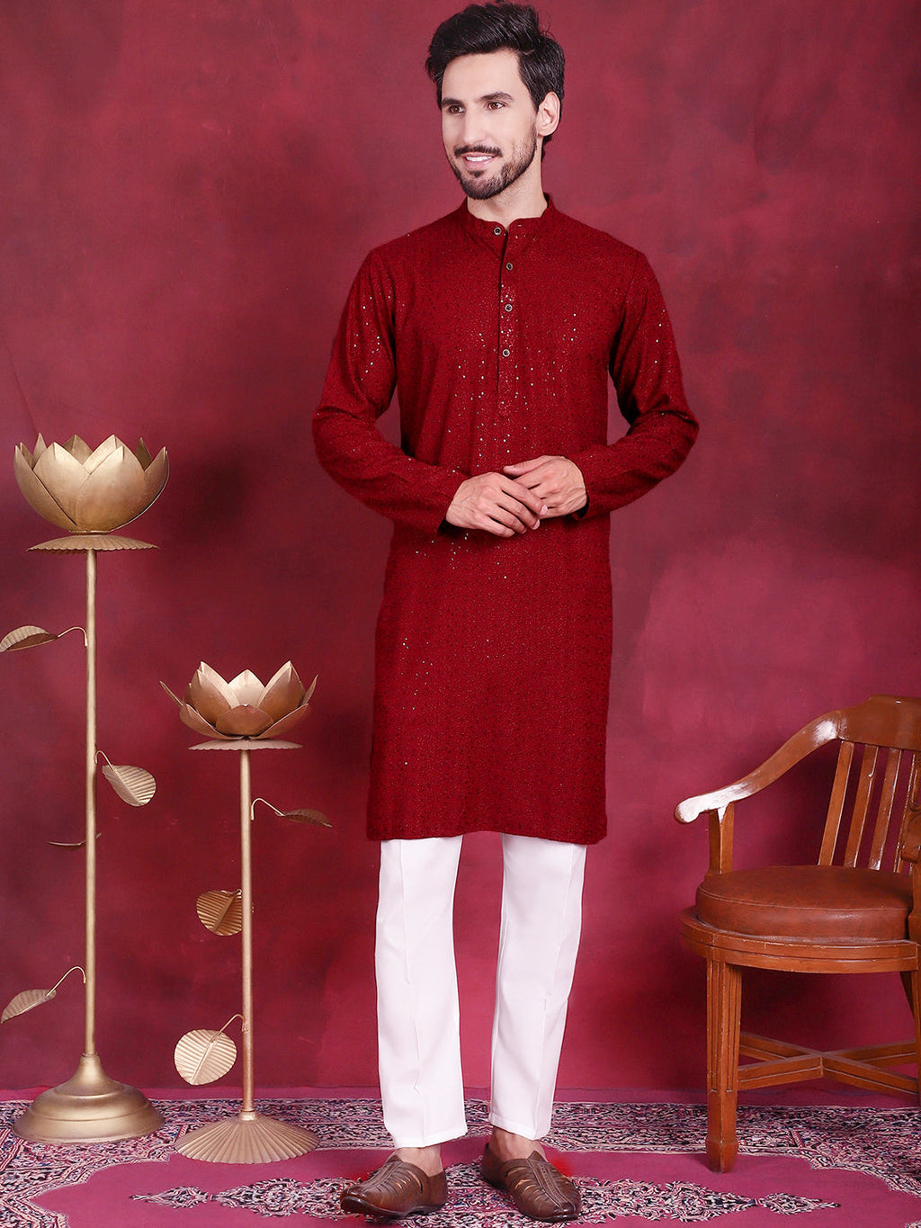 Jompers Men's Sequins Chikankari Kurta with Pyjama - Maroon