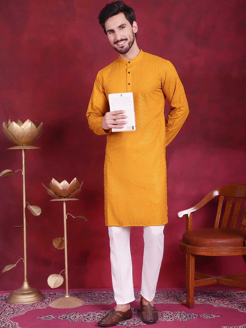 Jompers Men's Sequins Chikankari Kurta with Pyjama - Mustard