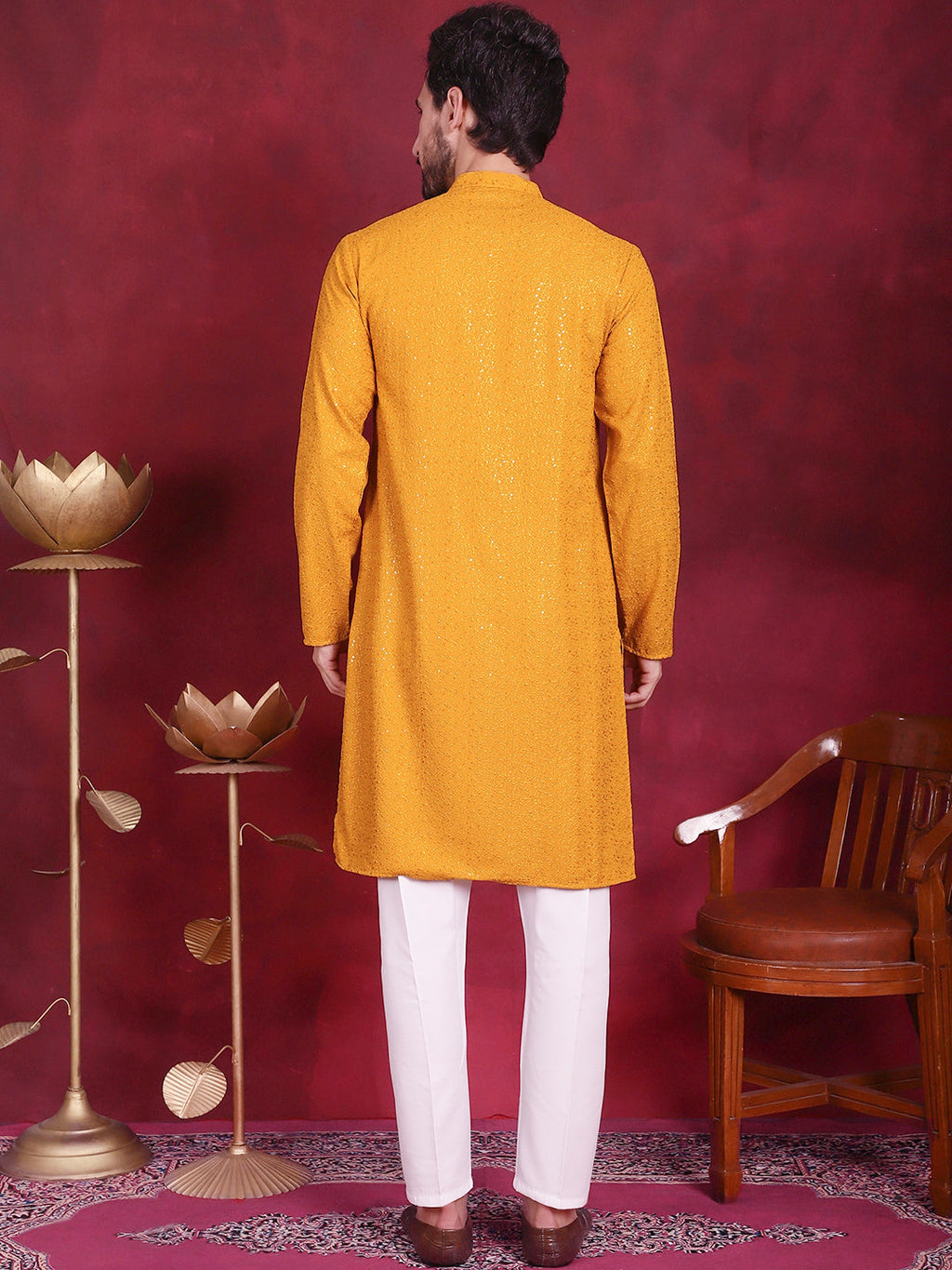 Jompers Men's Sequins Chikankari Kurta with Pyjama - Mustard