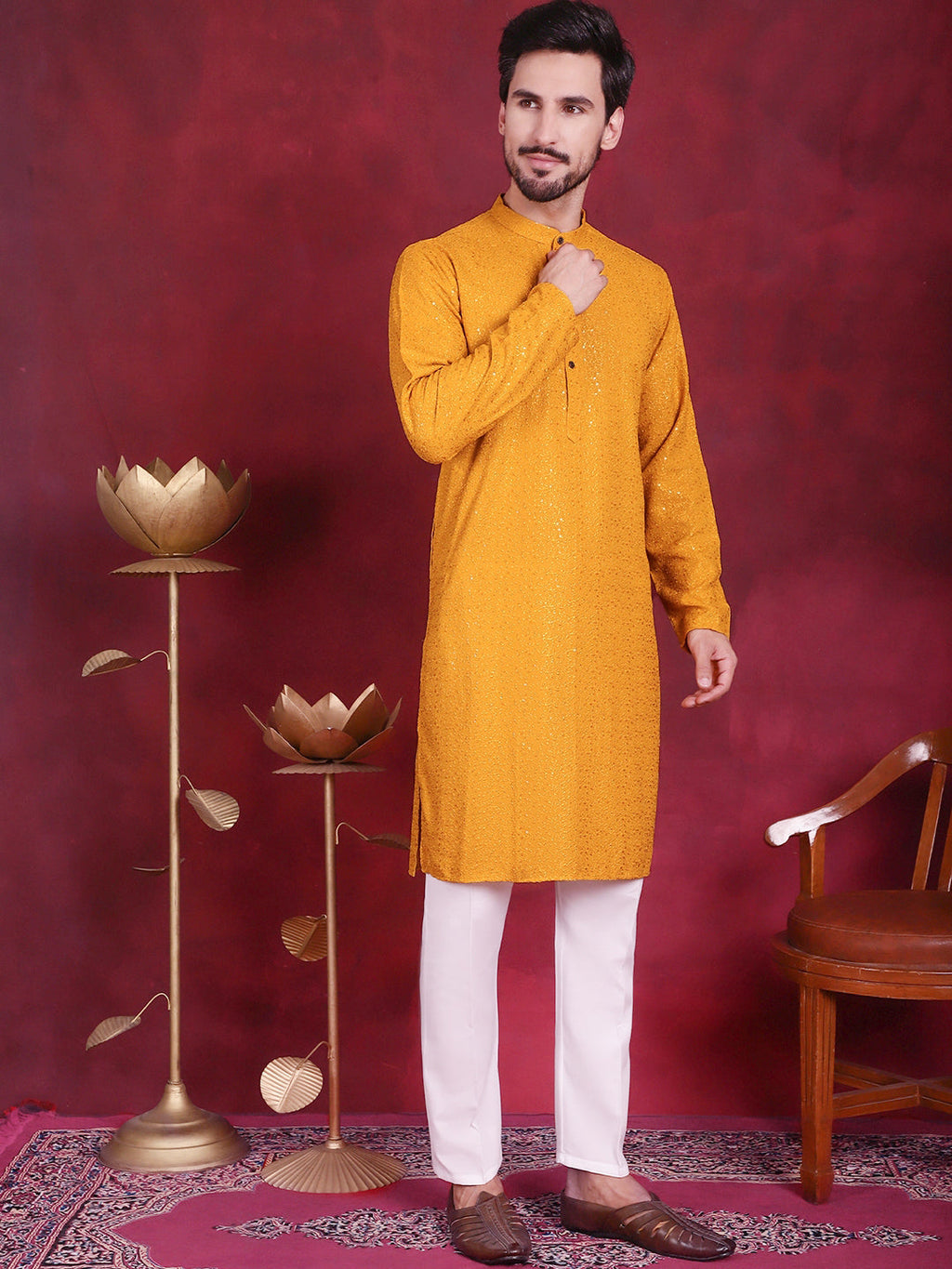 Jompers Men's Sequins Chikankari Kurta with Pyjama - Mustard